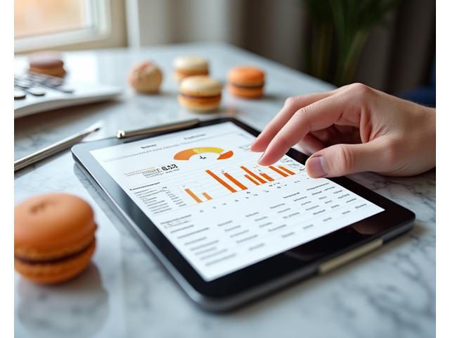 Main tenant une calculatrice près de documents financiers et des échantillons de produits pâtissiers