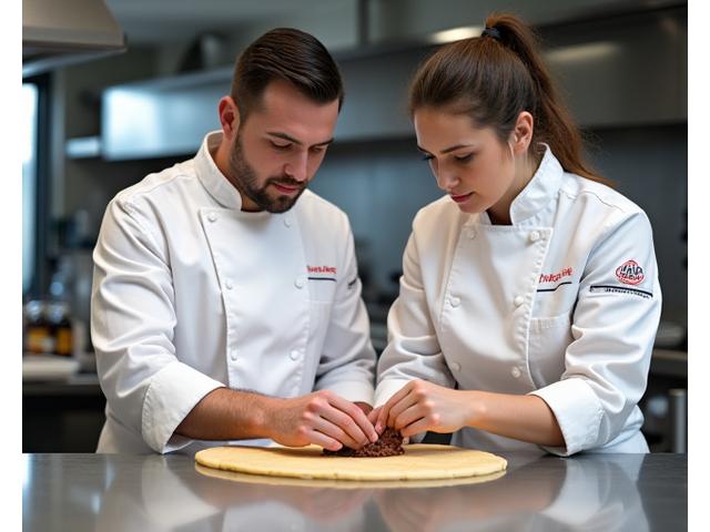 Chef pâtissier Croissantdor expliquant l'utilisation d'ingrédients à un jeune cuisinier dans une cuisine professionnelle